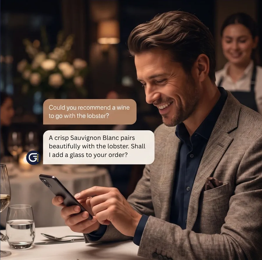 Guest chatting with the FullGuest AI Captain about a wine pairing