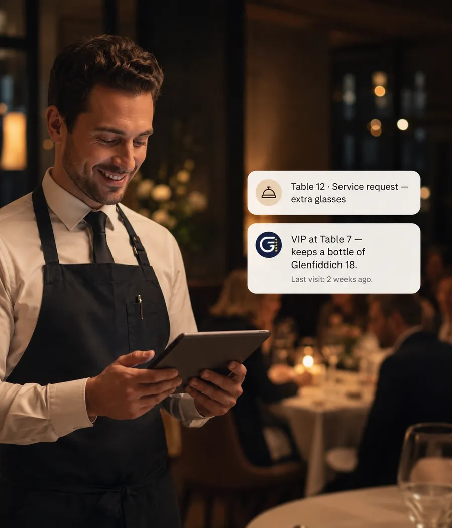 Restaurant host with a tablet receiving FullGuest requests and VIP guest context